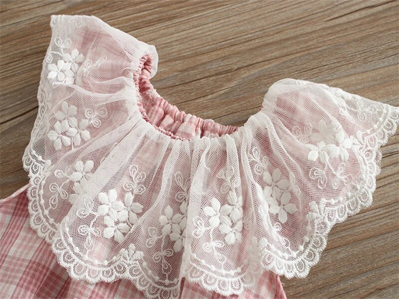 Καρό δαντέλα νεογέννητο κορμάκι Καλοκαιρινή αμάνικη φόρμα για νήπια βρέφη Onesie 2τμχ με κορδέλες