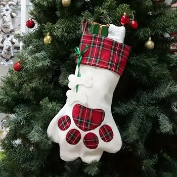 1бр. Коледно украсена чанта с подаръци от гингам за кучета Коледна украса с висящи лапи Чорапи за домашни любимци Коледни чорапи