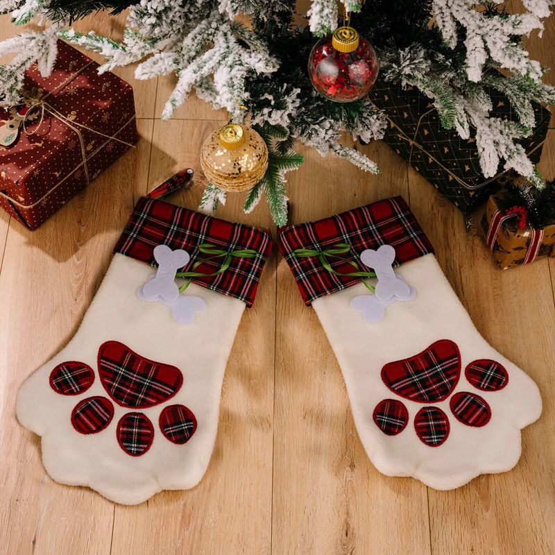 1gab, Ziemassvētku dekorēts Gingham Goody Bag Suņiem Pakarināms Ziemassvētku rotājumi Zeķes Mājdzīvnieku Ziemassvētku zeķes