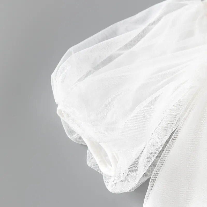 Φόρεμα με φουσκωτά μανίκια Princess Girls Lace Flowers Mesh για καλοκαιρινά παιδικά φορέματα