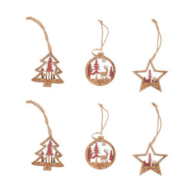 6 τμχ/σετ Diy Tree/Star Green Κόκκινα Ξύλινα μενταγιόν Στολίδια για Χριστουγεννιάτικο πάρτι Χριστουγεννιάτικα στολίδια Παιδικά Δώρα Διακοσμήσεις