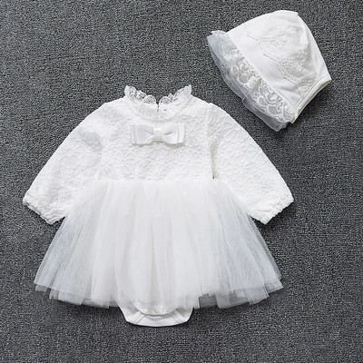 Princess Flowers Νεογέννητο φόρεμα κοριτσιού με μακρυμάνικο γάζα δαντέλα φόρεμα για πάρτι Λευκά φορέματα για κορίτσια + καπέλα