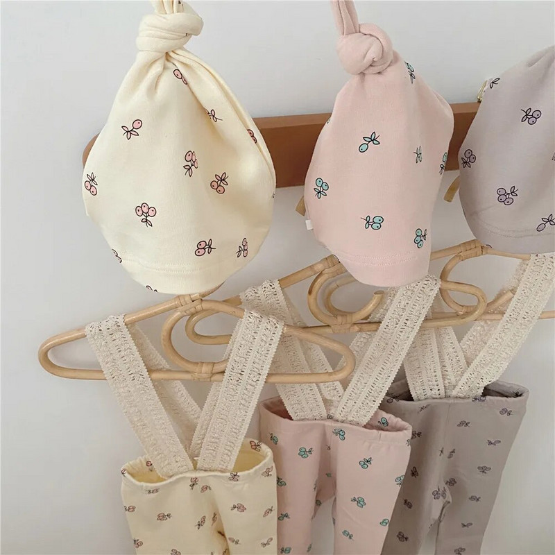 2022 Dječje hlače s tregerima od čipke Pamučne elastične tajice Set šešira za dojenčad Dječaci Djevojčice Borovnica Uski kombinezoni Dječja odjeća za spavanje