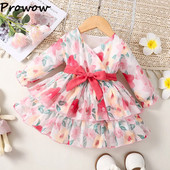 Prowow 3-24M zīdaiņu kleitas meitenēm ar garām piedurknēm V-veida kakla izgriezumu, rozā ziedu kleitas ar jostu.