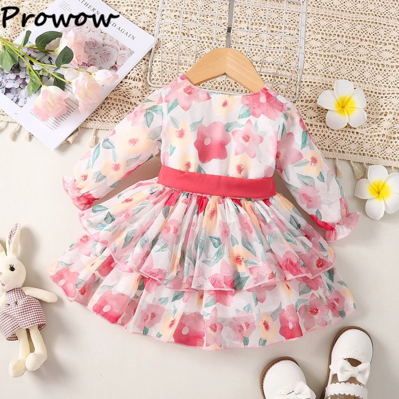 Prowow 3-24M zīdaiņu kleitas meitenēm ar garām piedurknēm V-veida kakla izgriezumu, rozā ziedu kleitas ar jostu.