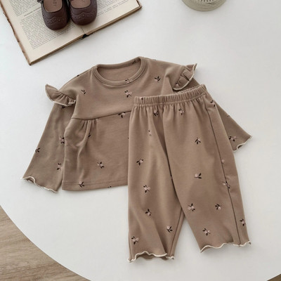 Σετ βρεφικών ρούχων για κοριτσάκια Φθινοπωρινό κορεατικό βρεφικό κοστούμι σπιτιού Cherry Flower Flying Sleeve Tops+Pants 2Pcs Toddler βαμβακερό casual κοστούμι