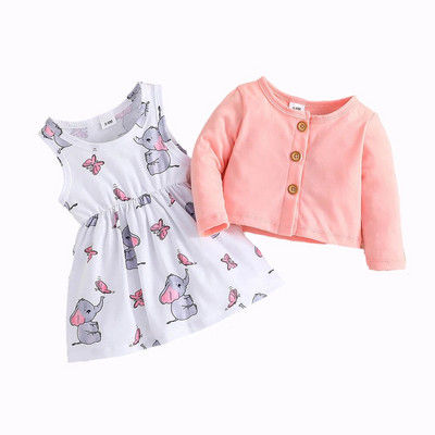 Prowow 3-24M Proljetno-jesenske dječje haljine Ružičasti gornji kaput za djevojčice i haljina u obliku slona za novorođenčad Komplet odjeće za djevojčice