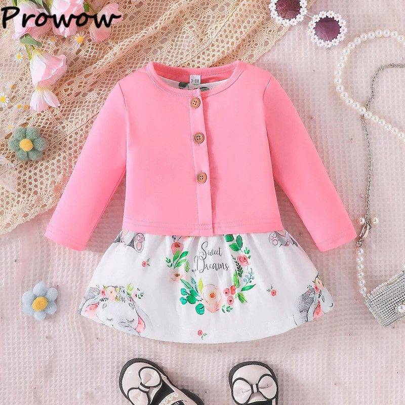 Prowow 3-24M Proljetno-jesenske dječje haljine Ružičasti gornji kaput za djevojčice i haljina u obliku slona za novorođenčad Komplet odjeće za djevojčice