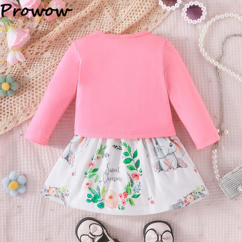 Prowow 3-24M Proljetno-jesenske dječje haljine Ružičasti gornji kaput za djevojčice i haljina u obliku slona za novorođenčad Komplet odjeće za djevojčice