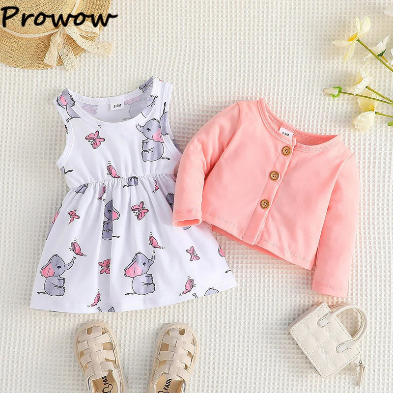 Prowow 3-24M Proljetno-jesenske dječje haljine Ružičasti gornji kaput za djevojčice i haljina u obliku slona za novorođenčad Komplet odjeće za djevojčice