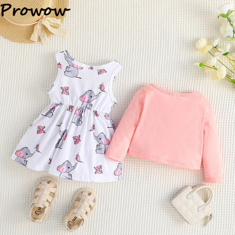 Prowow 3-24M Proljetno-jesenske dječje haljine Ružičasti gornji kaput za djevojčice i haljina u obliku slona za novorođenčad Komplet odjeće za djevojčice