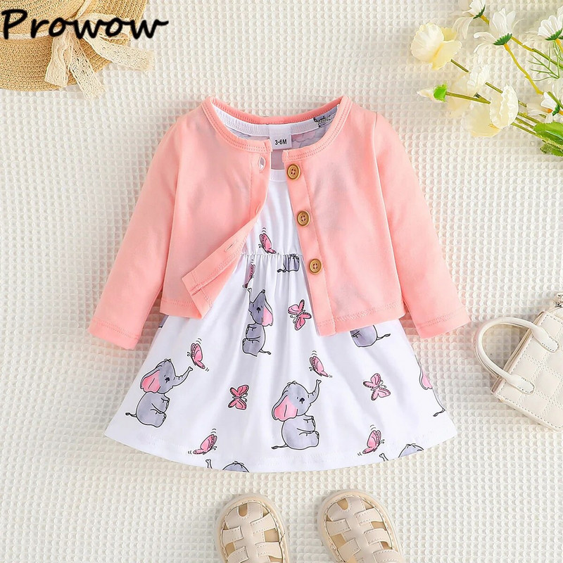 Prowow 3-24M Proljetno-jesenske dječje haljine Ružičasti gornji kaput za djevojčice i haljina u obliku slona za novorođenčad Komplet odjeće za djevojčice