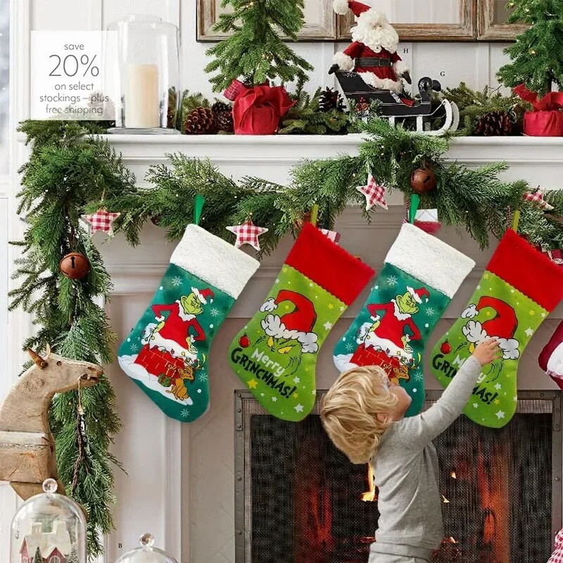 Smiješne božićne čarape Zelene čarape Vreće za božićne darove Crtić Djed Mraz Božićno drvce Privjesak Predmeti za blagdanske ukrase