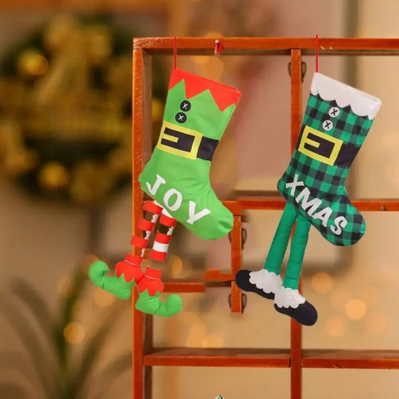 Vicces, hosszú lábú karácsonyi harisnya ajándéktáska Fantasztikus manózokni karácsonyfa / kandalló Akasztódíszek Flanel szövetek