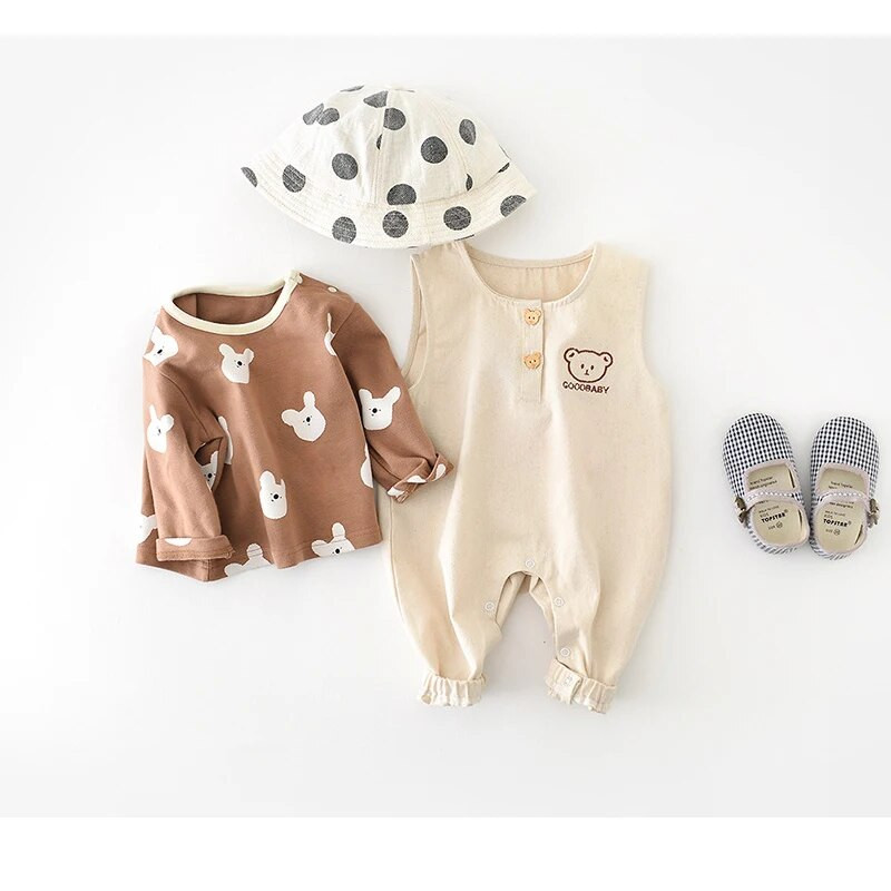 Komplet odjeće za novorođenčad Proljeće, novo, dječje majice s printom medvjeda, majice bez rukava za djevojčice, pamučni kombinezon, korejska odjeća za dječake