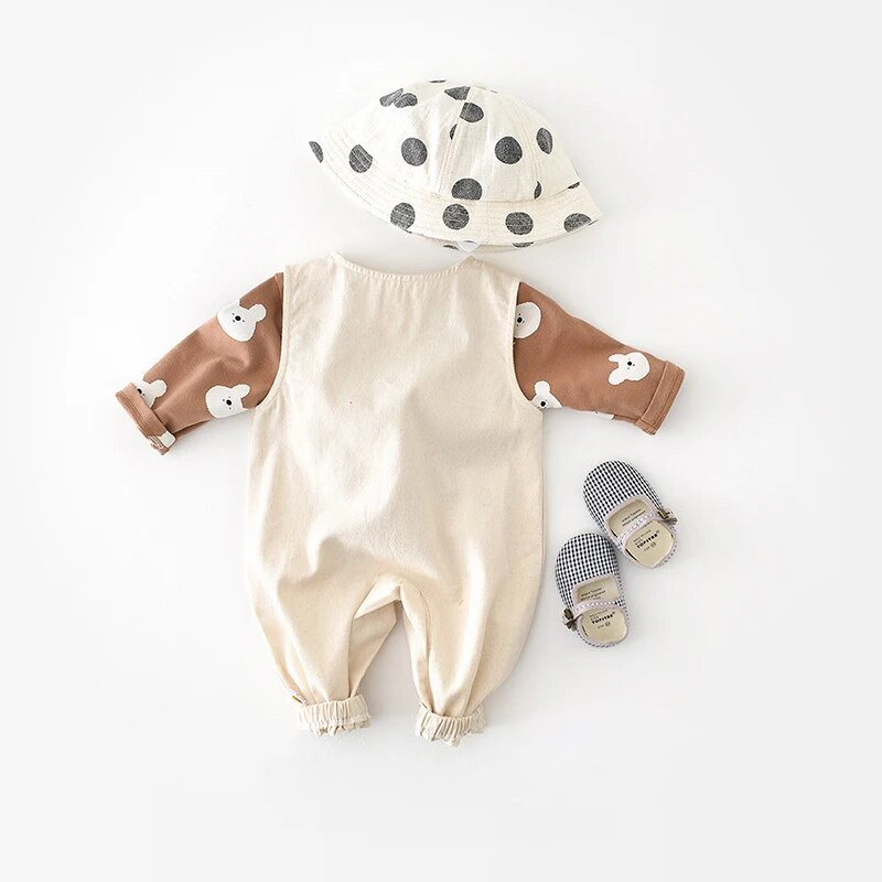 Komplet odjeće za novorođenčad Proljeće, novo, dječje majice s printom medvjeda, majice bez rukava za djevojčice, pamučni kombinezon, korejska odjeća za dječake