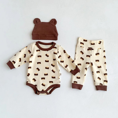 3 db baba lány ruha szettek Bear Print hosszú ujjú bodyk magas deréknadrág kalap újszülött kisfiúk alkalmi pamut nadrágszettek