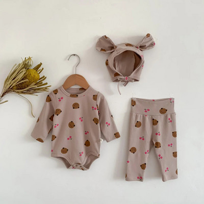 3 τμχ Βρεφικά σετ ρούχων για κοριτσάκια Bear print Μακρυμάνικα φορμάκια ψηλόμεσο Παντελόνι Καπέλο νεογέννητο μωρό αγόρια Casual βαμβακερά σετ ρόμπες
