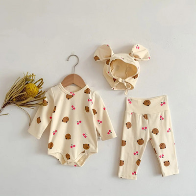3 τμχ Βρεφικά σετ ρούχων για κοριτσάκια Bear print Μακρυμάνικα φορμάκια ψηλόμεσο Παντελόνι Καπέλο νεογέννητο μωρό αγόρια Casual βαμβακερά σετ ρόμπες
