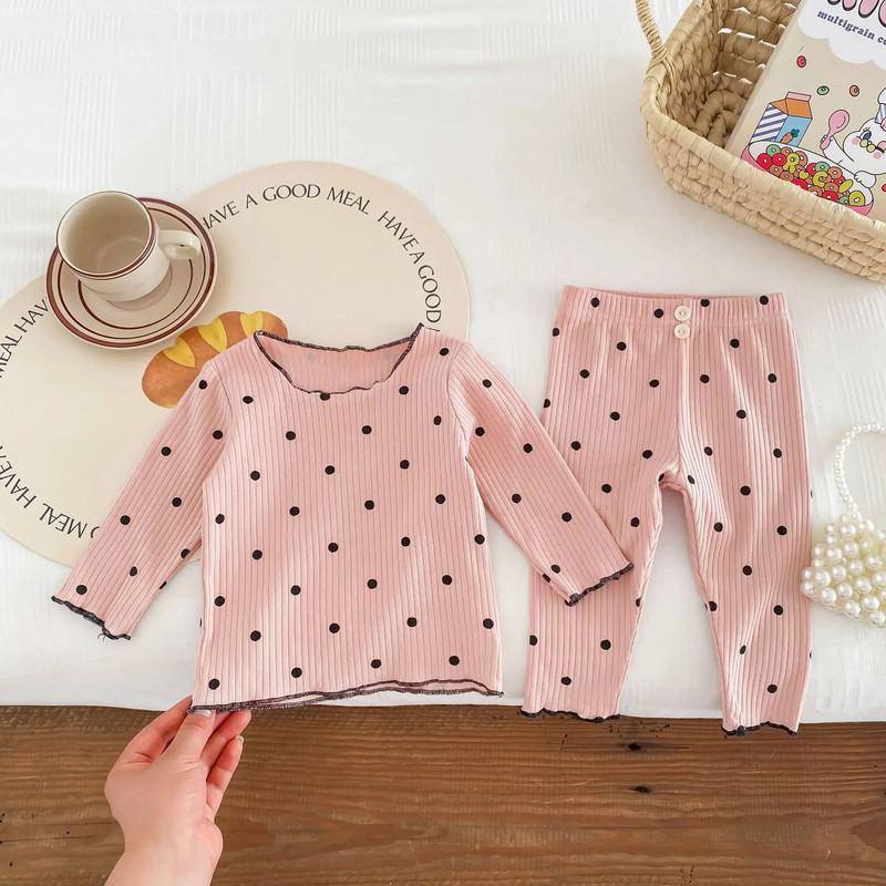 Φθινοπωρινά χειμωνιάτικα βρεφικά σετ ρούχων για κορίτσια Χαριτωμένα μακρυμάνικα εμπριμέ με κουκκίδες + παντελόνι Βαμβακερά ρούχα για το σπίτι δύο τεμαχίων