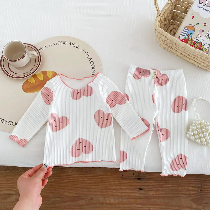 Φθινοπωρινά χειμωνιάτικα βρεφικά σετ ρούχων για κορίτσια Χαριτωμένα μακρυμάνικα εμπριμέ με κουκκίδες + παντελόνι Βαμβακερά ρούχα για το σπίτι δύο τεμαχίων