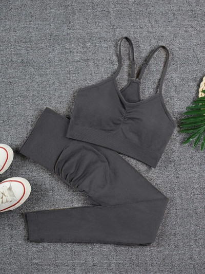 CHRLEISURE 2 τεμαχίων Αθλητικό σετ χωρίς ραφές Γιόγκα Κοντό κολάν σουτιέν Αθλητικά κοστούμια Solid Workout Fitness Σετ γυμναστικής Αθλητικά