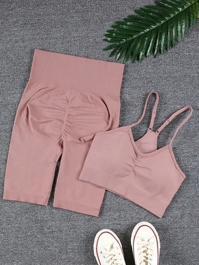 CHRLEISURE 2 τεμαχίων Αθλητικό σετ χωρίς ραφές Γιόγκα Κοντό κολάν σουτιέν Αθλητικά κοστούμια Solid Workout Fitness Σετ γυμναστικής Αθλητικά