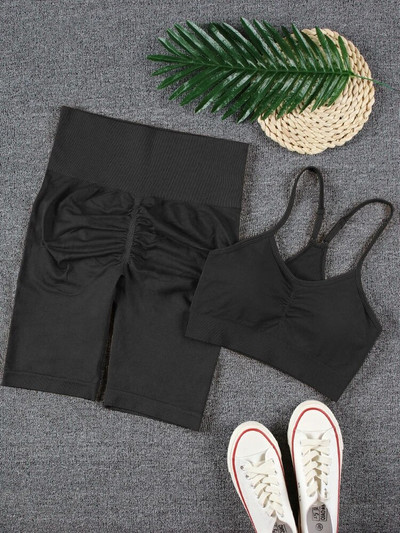 CHRLEISURE 2 τεμαχίων Αθλητικό σετ χωρίς ραφές Γιόγκα Κοντό κολάν σουτιέν Αθλητικά κοστούμια Solid Workout Fitness Σετ γυμναστικής Αθλητικά