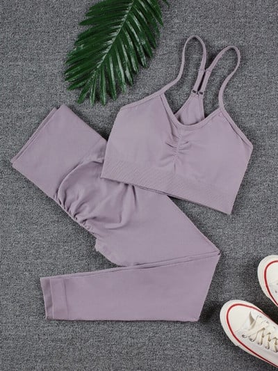 CHRLEISURE 2 τεμαχίων Αθλητικό σετ χωρίς ραφές Γιόγκα Κοντό κολάν σουτιέν Αθλητικά κοστούμια Solid Workout Fitness Σετ γυμναστικής Αθλητικά