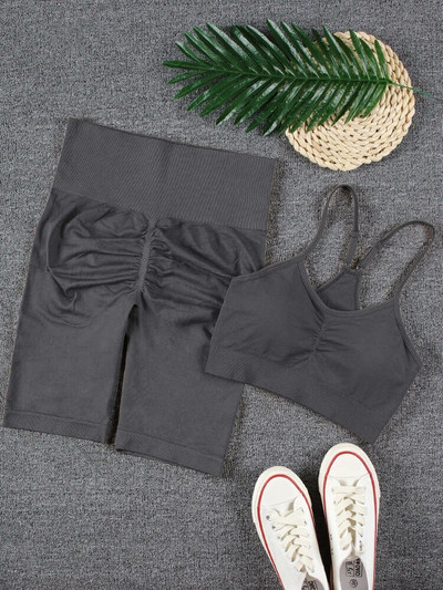 CHRLEISURE 2 τεμαχίων Αθλητικό σετ χωρίς ραφές Γιόγκα Κοντό κολάν σουτιέν Αθλητικά κοστούμια Solid Workout Fitness Σετ γυμναστικής Αθλητικά