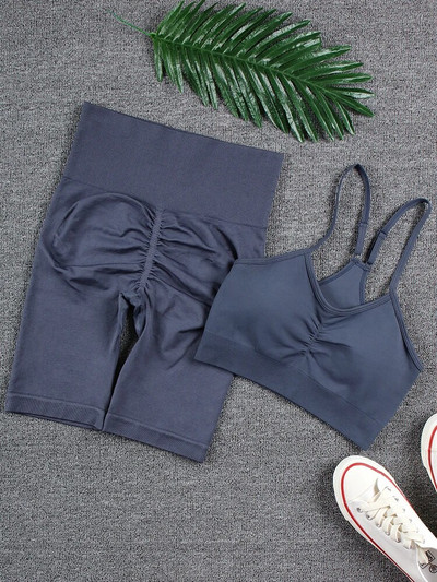 CHRLEISURE 2 τεμαχίων Αθλητικό σετ χωρίς ραφές Γιόγκα Κοντό κολάν σουτιέν Αθλητικά κοστούμια Solid Workout Fitness Σετ γυμναστικής Αθλητικά