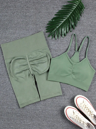 CHRLEISURE 2 τεμαχίων Αθλητικό σετ χωρίς ραφές Γιόγκα Κοντό κολάν σουτιέν Αθλητικά κοστούμια Solid Workout Fitness Σετ γυμναστικής Αθλητικά