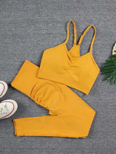 CHRLEISURE 2 τεμαχίων Αθλητικό σετ χωρίς ραφές Γιόγκα Κοντό κολάν σουτιέν Αθλητικά κοστούμια Solid Workout Fitness Σετ γυμναστικής Αθλητικά