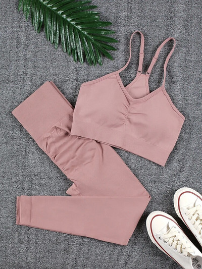 CHRLEISURE 2 τεμαχίων Αθλητικό σετ χωρίς ραφές Γιόγκα Κοντό κολάν σουτιέν Αθλητικά κοστούμια Solid Workout Fitness Σετ γυμναστικής Αθλητικά