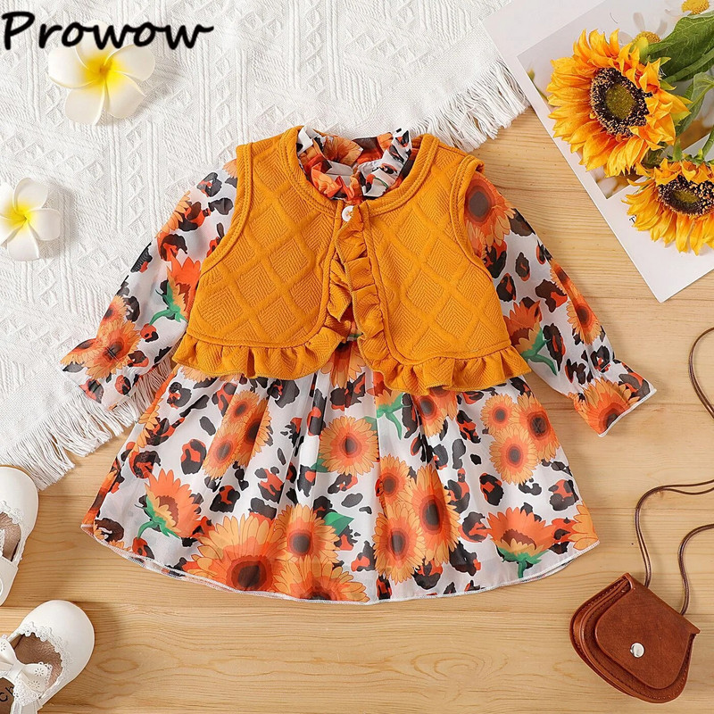 Prowow 3-24M babaruhák narancssárga leopárd ruha lányoknak gofrival Mellény Ősz tél újszülött ruhák lányoknak