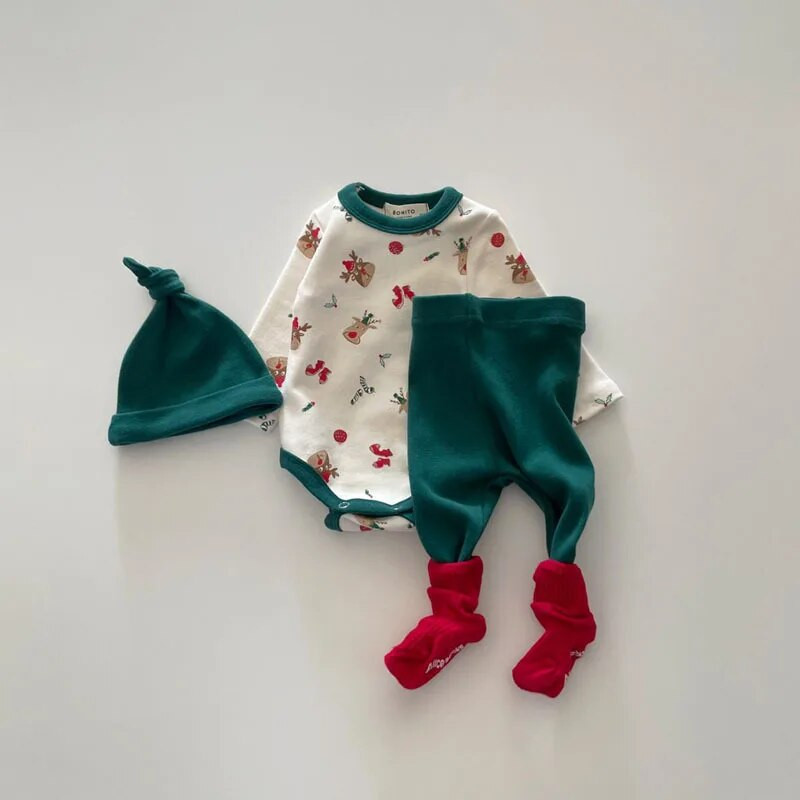 Mazuļu Ziemassvētku tērps 2023. gada rudens ziema meiteņu apģērbs Ziemassvētku bodijs+bikses+cepure 3 gab. kokvilnas zēnu mājas komplekti