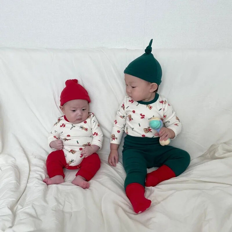 Mazuļu Ziemassvētku tērps 2023. gada rudens ziema meiteņu apģērbs Ziemassvētku bodijs+bikses+cepure 3 gab. kokvilnas zēnu mājas komplekti