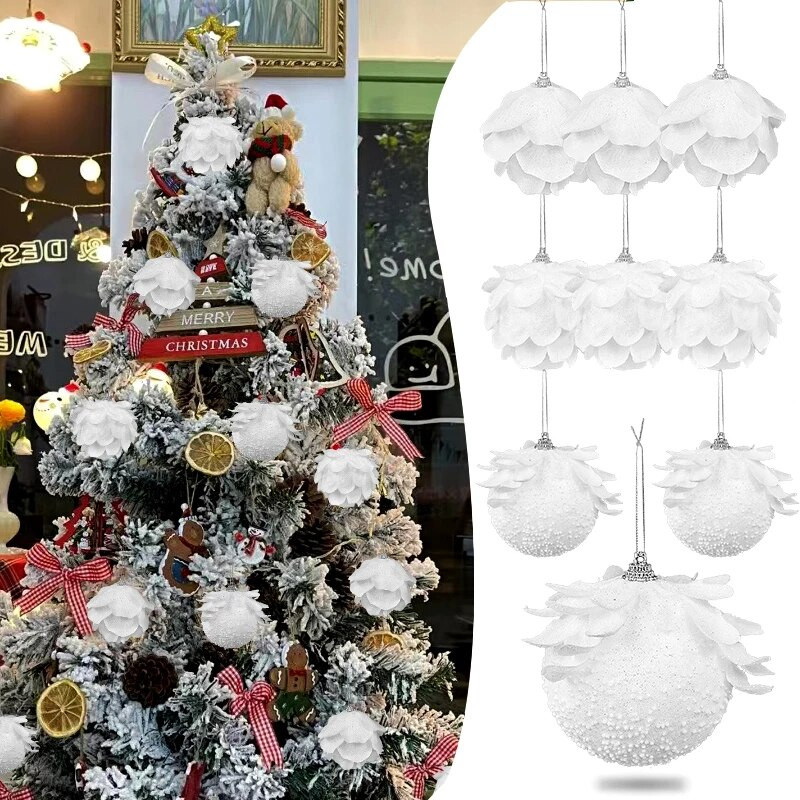 3τμχ 8cm Λευκή Χριστουγεννιάτικη Μπάλα Χριστουγεννιάτικο Δέντρο Κρεμαστό Αφρώδες Μπάλες Χιονιού Κρεμαστό για Καλά Χριστουγεννιάτικα Πρωτοχρονιάτικο Στολίδι Navidad Δώρο