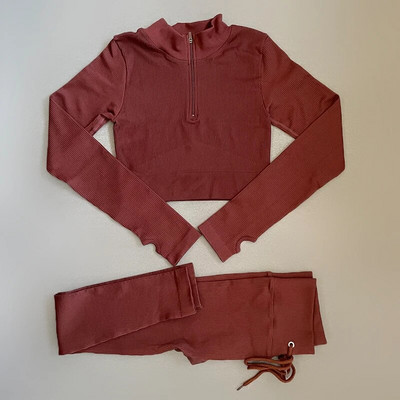 Õmblusteta soonikuga joogakomplekt naiste spordiriietus pikkade varrukatega, kõrge vöökohaga püksid, soojad treeningkostüümid, naiste spordidress