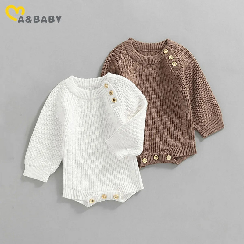 Ma&Baby 0-18M Νεογέννητο Βρέφος Κοριτσάκια Αγόρια Πλεκτό Romper Μακρυμάνικο Κουμπί Ζεστό Φθινοπωρινό Ανοιξιάτικα Βρεφικά Ρούχα Φορμάκια