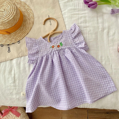 Ljetne dječje štrample bez rukava 2023. Pamuk za djevojčice Čipkani kombinezon s letećim rukavima Karirani kombinezon za malu djecu, haljine s vezom za djevojčice