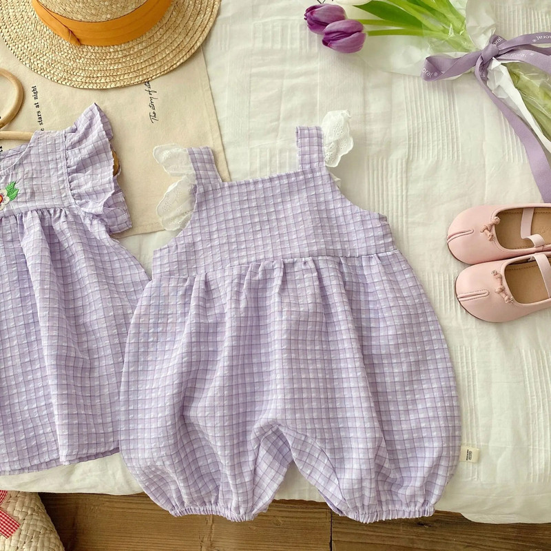 Ljetne dječje štrample bez rukava 2023. Pamuk za djevojčice Čipkani kombinezon s letećim rukavima Karirani kombinezon za malu djecu, haljine s vezom za djevojčice