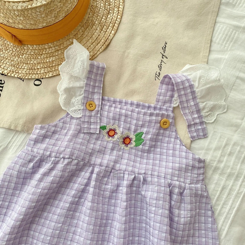 Ljetne dječje štrample bez rukava 2023. Pamuk za djevojčice Čipkani kombinezon s letećim rukavima Karirani kombinezon za malu djecu, haljine s vezom za djevojčice