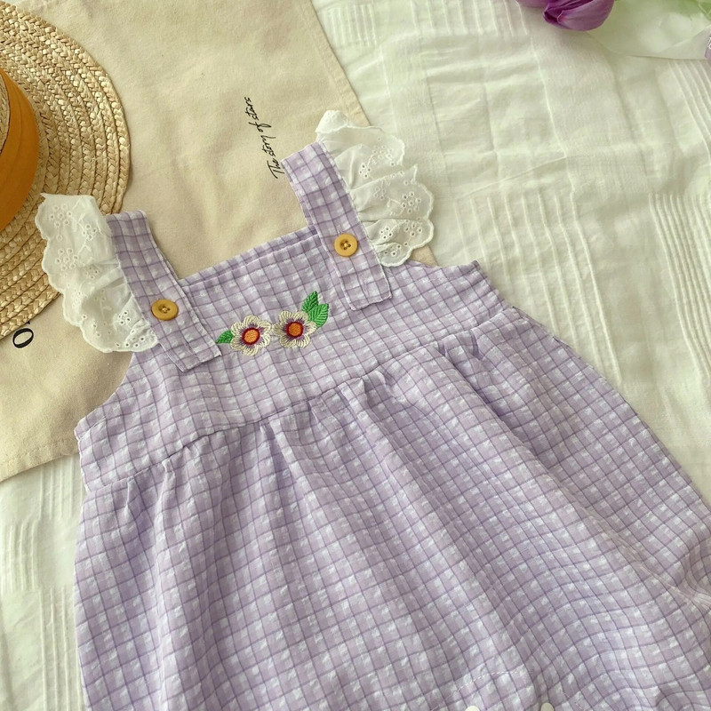 Ljetne dječje štrample bez rukava 2023. Pamuk za djevojčice Čipkani kombinezon s letećim rukavima Karirani kombinezon za malu djecu, haljine s vezom za djevojčice