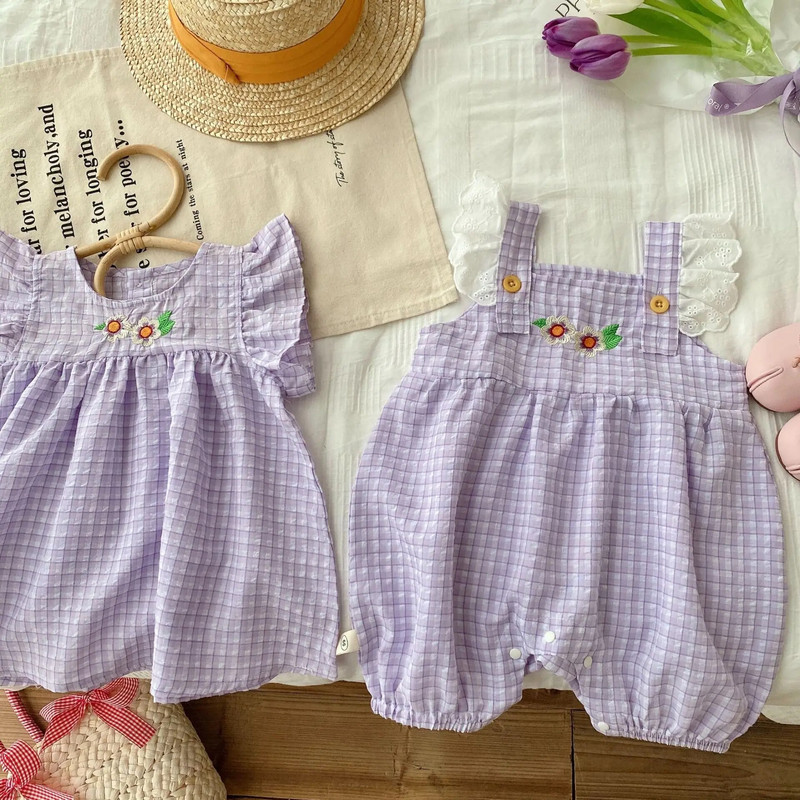 Ljetne dječje štrample bez rukava 2023. Pamuk za djevojčice Čipkani kombinezon s letećim rukavima Karirani kombinezon za malu djecu, haljine s vezom za djevojčice