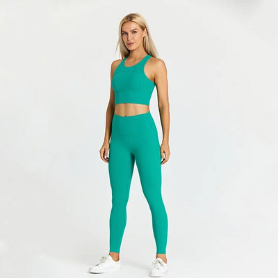 Egyszínű tornatermi jóga szett szűk leggings és fitnesz sporttartály 2db Gym melltartó felső puha sportruha edzés edzés női sportruházat