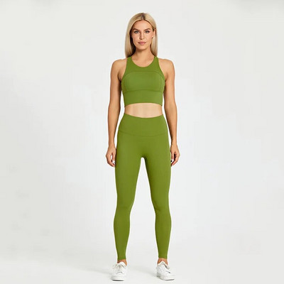 Egyszínű tornatermi jóga szett szűk leggings és fitnesz sporttartály 2db Gym melltartó felső puha sportruha edzés edzés női sportruházat
