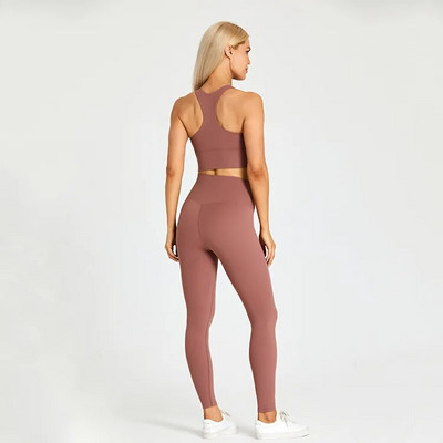 Egyszínű tornatermi jóga szett szűk leggings és fitnesz sporttartály 2db Gym melltartó felső puha sportruha edzés edzés női sportruházat