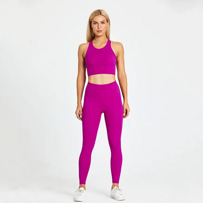 Egyszínű tornatermi jóga szett szűk leggings és fitnesz sporttartály 2db Gym melltartó felső puha sportruha edzés edzés női sportruházat