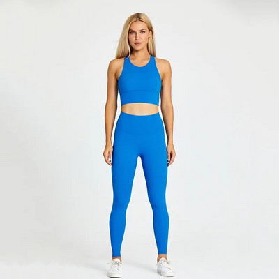 Egyszínű tornatermi jóga szett szűk leggings és fitnesz sporttartály 2db Gym melltartó felső puha sportruha edzés edzés női sportruházat